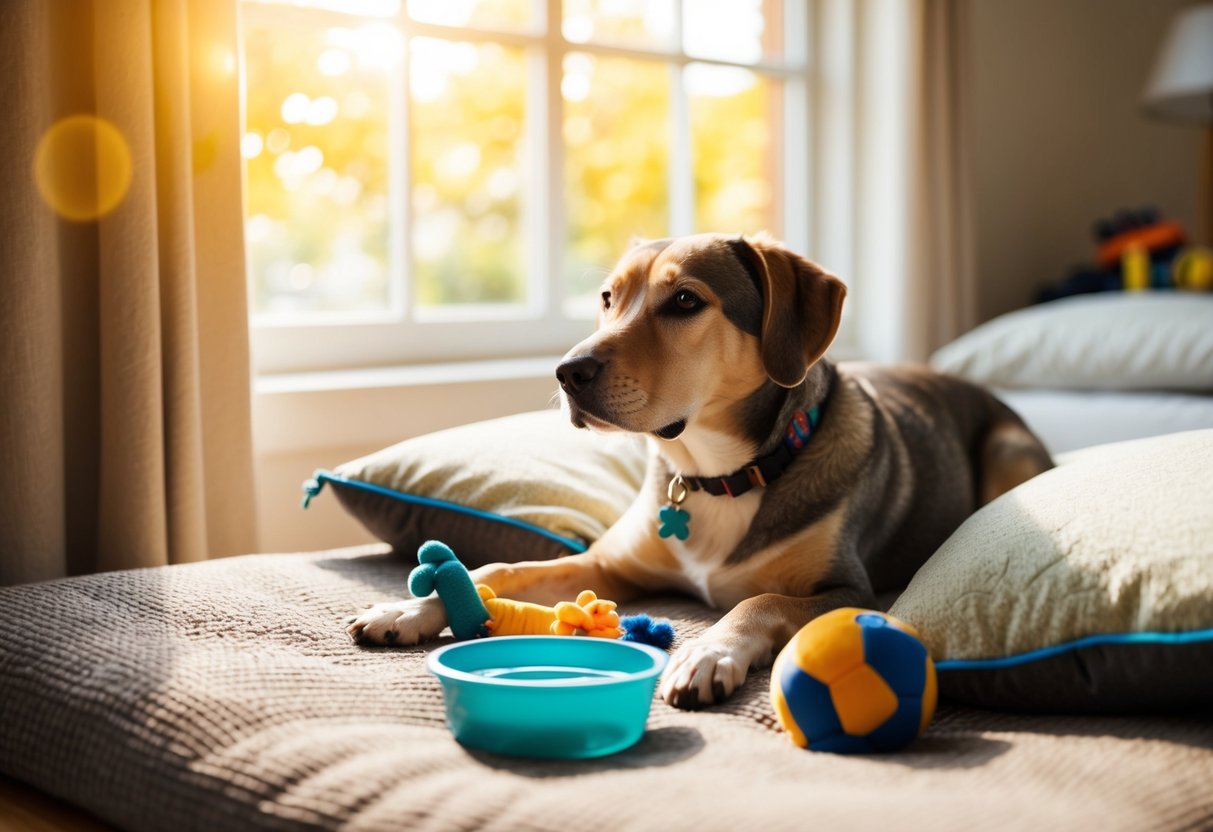A 14-year-old dog relaxes on a cozy bed, surrounded by toys and a bowl of water. The room is filled with warm sunlight streaming in through the window