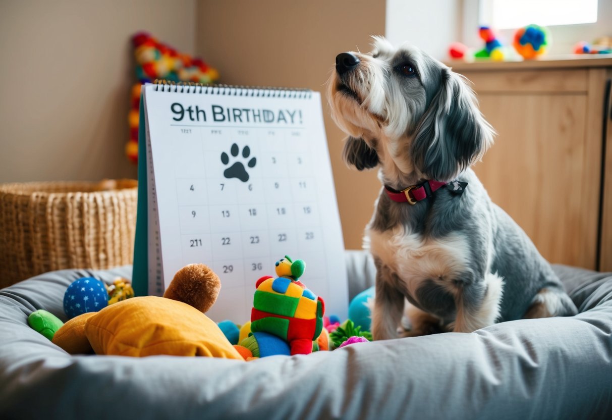 A dog with gray fur and a slightly arthritic gait, surrounded by toys and a cozy bed, looks up at a calendar with a paw print marking its 9th birthday