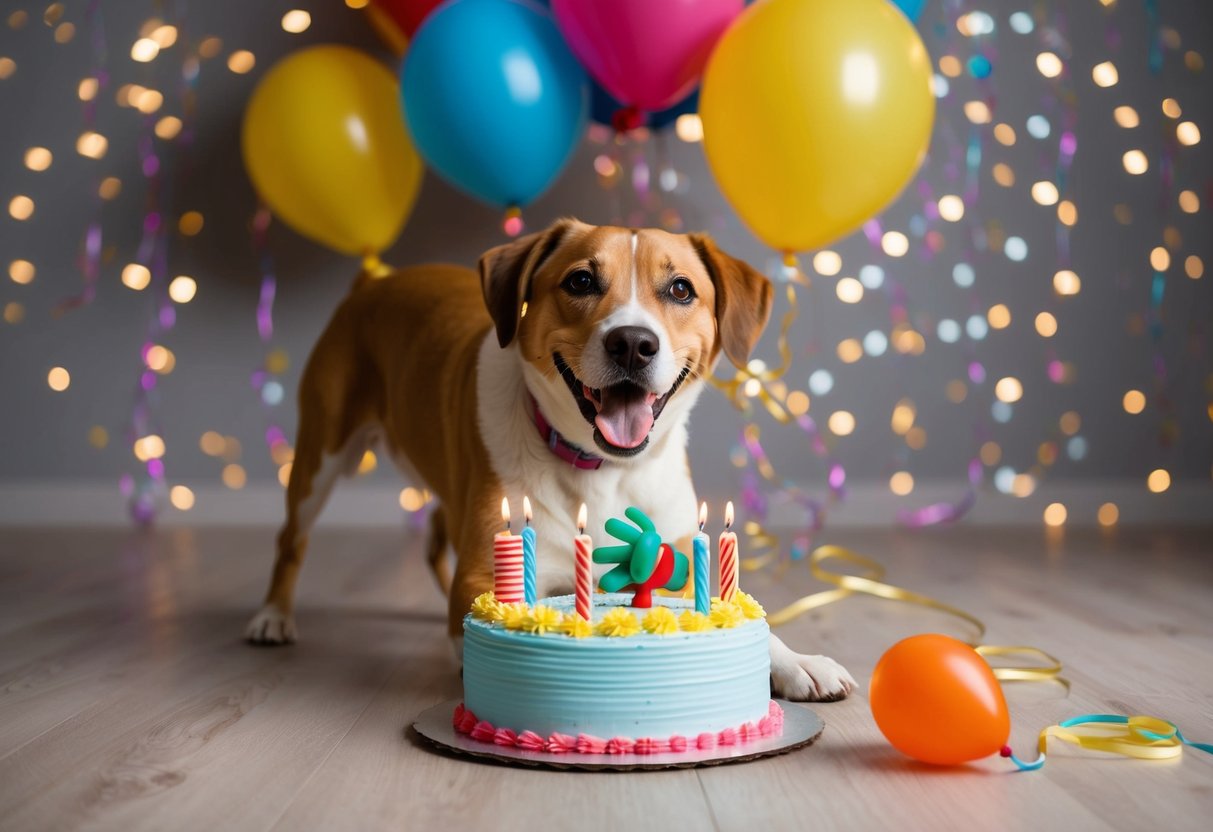 A happy 9-year-old dog playing with a toy, surrounded by a birthday cake and balloons