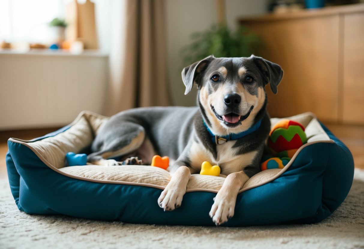 A 9-year-old dog lounges on a cozy bed, surrounded by toys and treats. Its graying muzzle and slower movements indicate its age