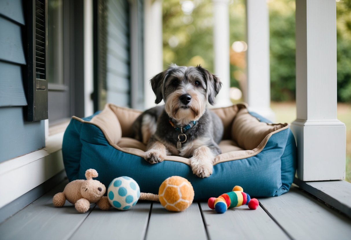 A gray-muzzled, weathered dog rests on a porch, surrounded by a collection of worn toys and a well-loved dog bed