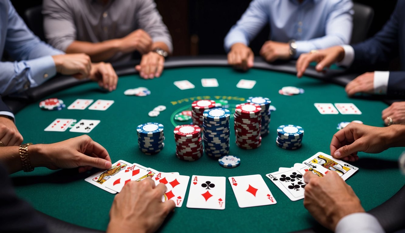 Sekelompok chip poker dan kartu bermain tersebar di atas meja felt hijau, dikelilingi oleh pemain dengan ekspresi intens