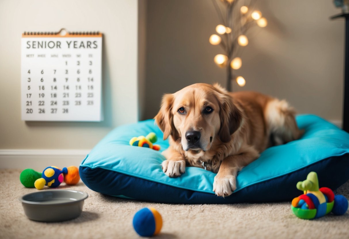 A senior dog lying on a cozy bed, surrounded by toys and a bowl of water. A calendar on the wall shows the dog's age in human years