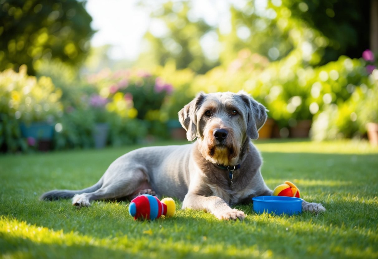 A serene, graying dog lounges in a sun-dappled garden, surrounded by toys and a water bowl