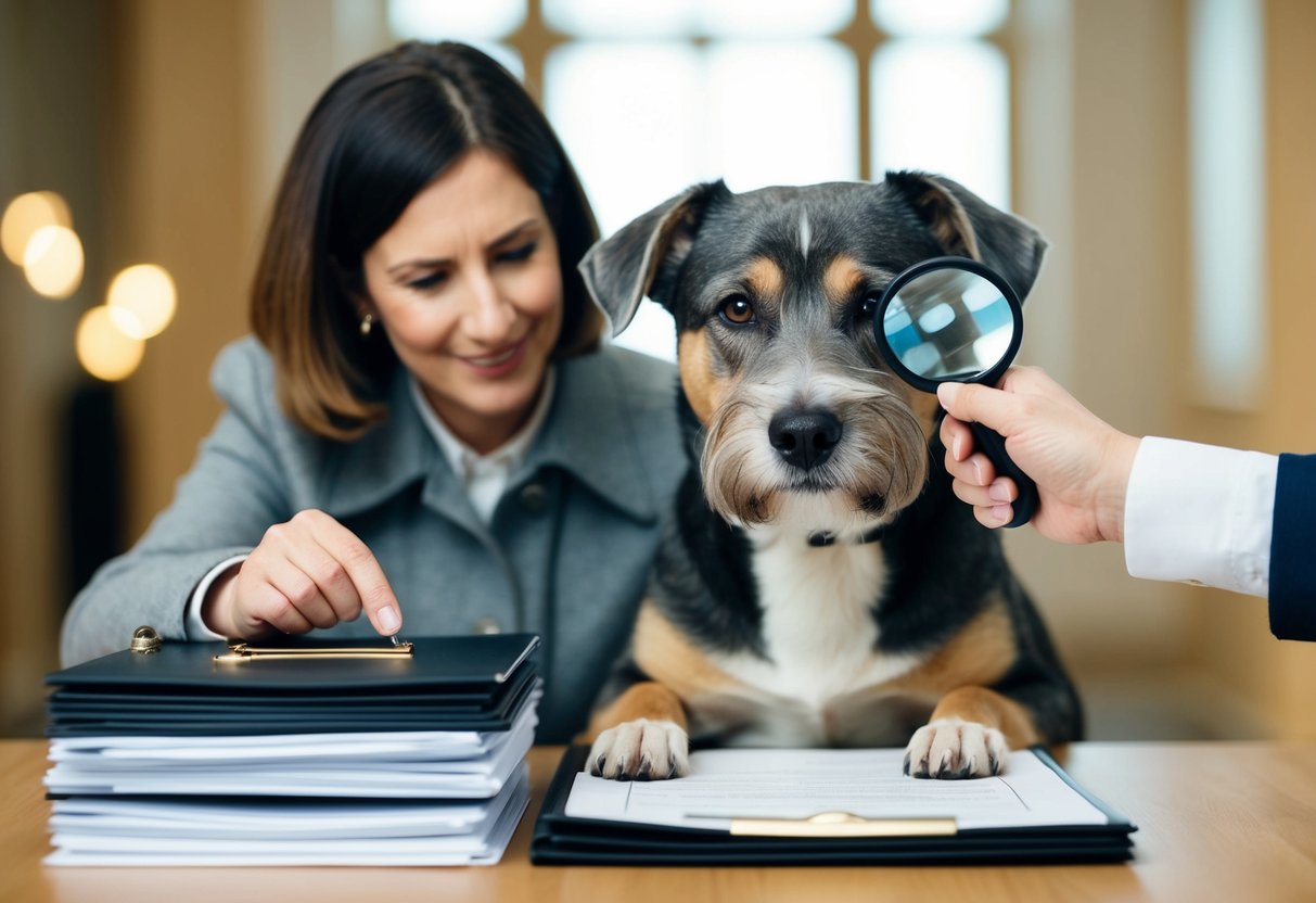 A dog with a graying muzzle sits next to a stack of official documents as a person checks its age with a magnifying glass