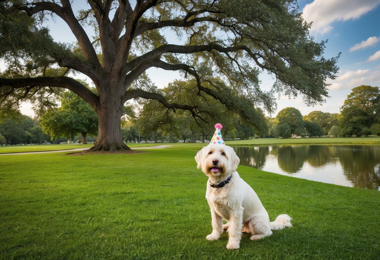A serene park with a majestic old oak tree, a peaceful pond, and a wise, white-muzzled dog named Max, celebrating his 20th birthday