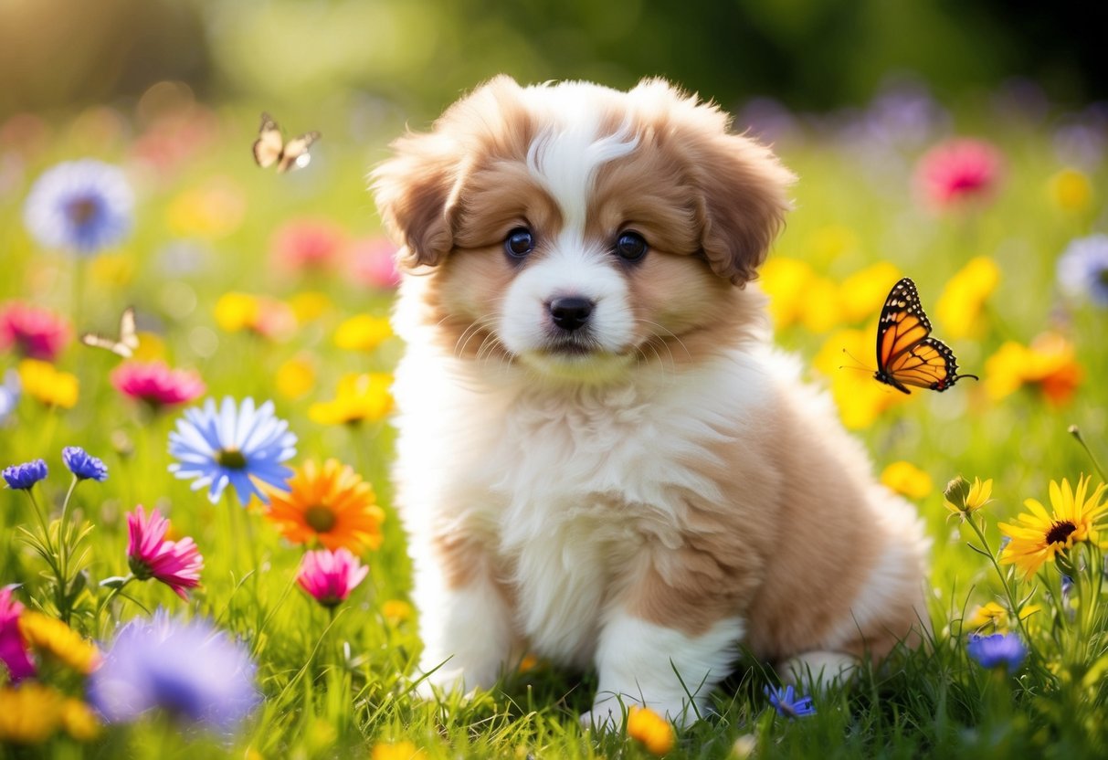 A fluffy puppy sits in a sunlit meadow, surrounded by colorful flowers and butterflies. Its big, round eyes and tiny, wagging tail make it undeniably cute