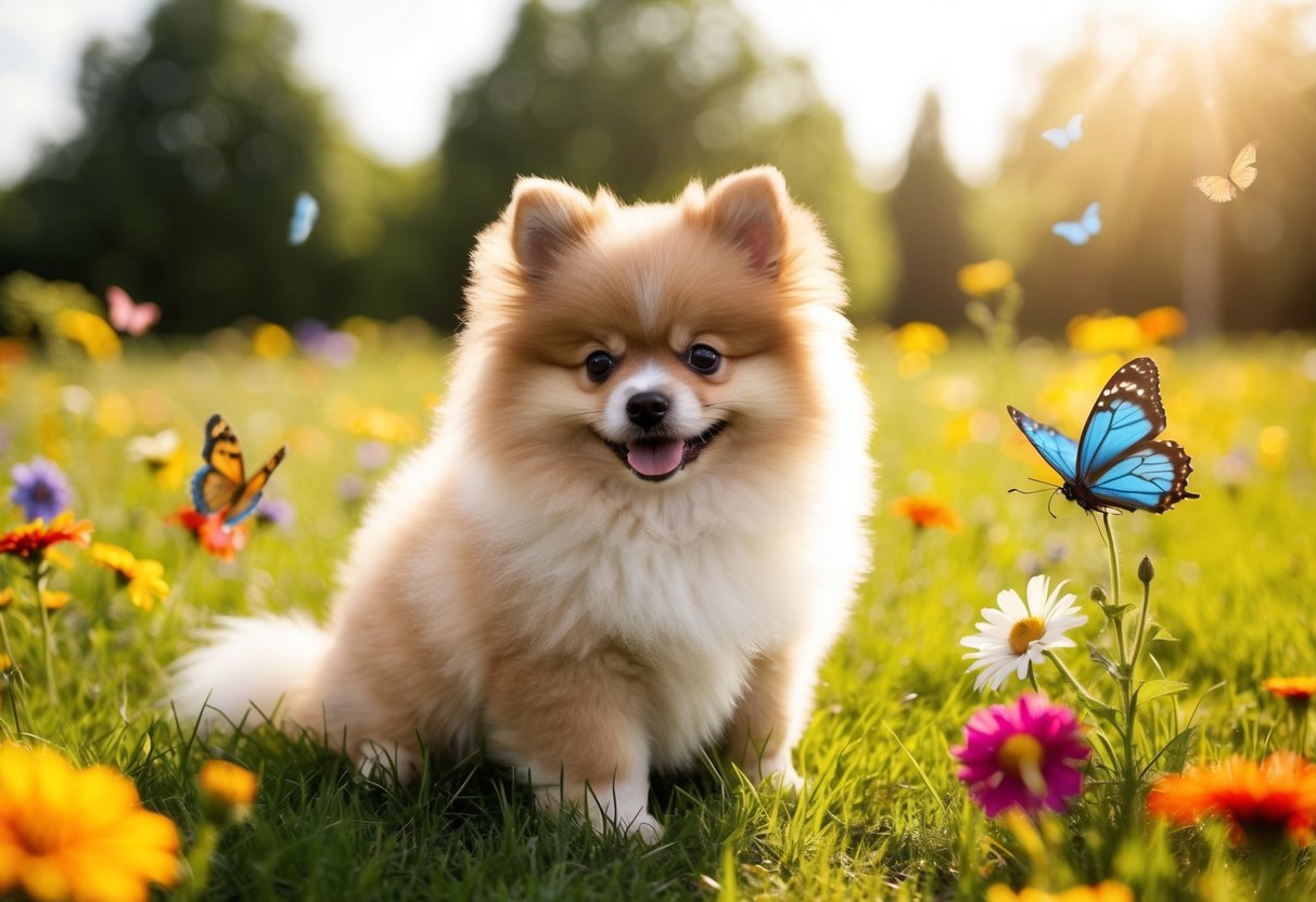 A fluffy Pomeranian puppy sits in a grassy field, surrounded by colorful flowers and butterflies. The sun is shining, casting a warm glow over the scene