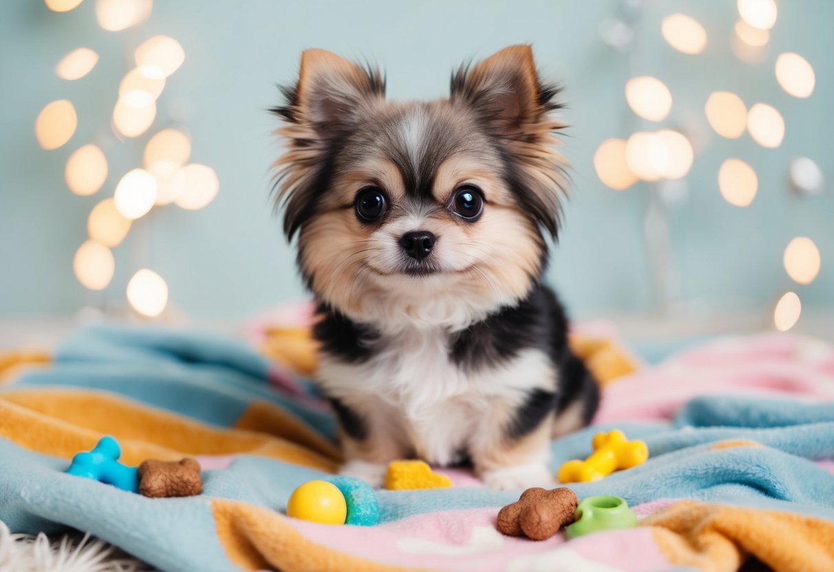 A fluffy, small dog with big, round eyes sits on a soft, colorful blanket surrounded by toys and treats
