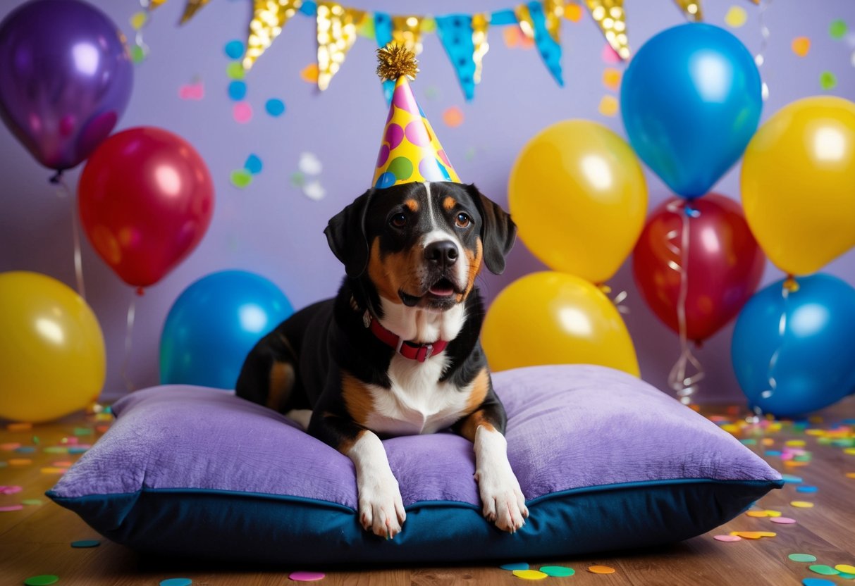 Boo the dog sits on a plush cushion, a birthday hat perched on his head, surrounded by colorful balloons and confetti