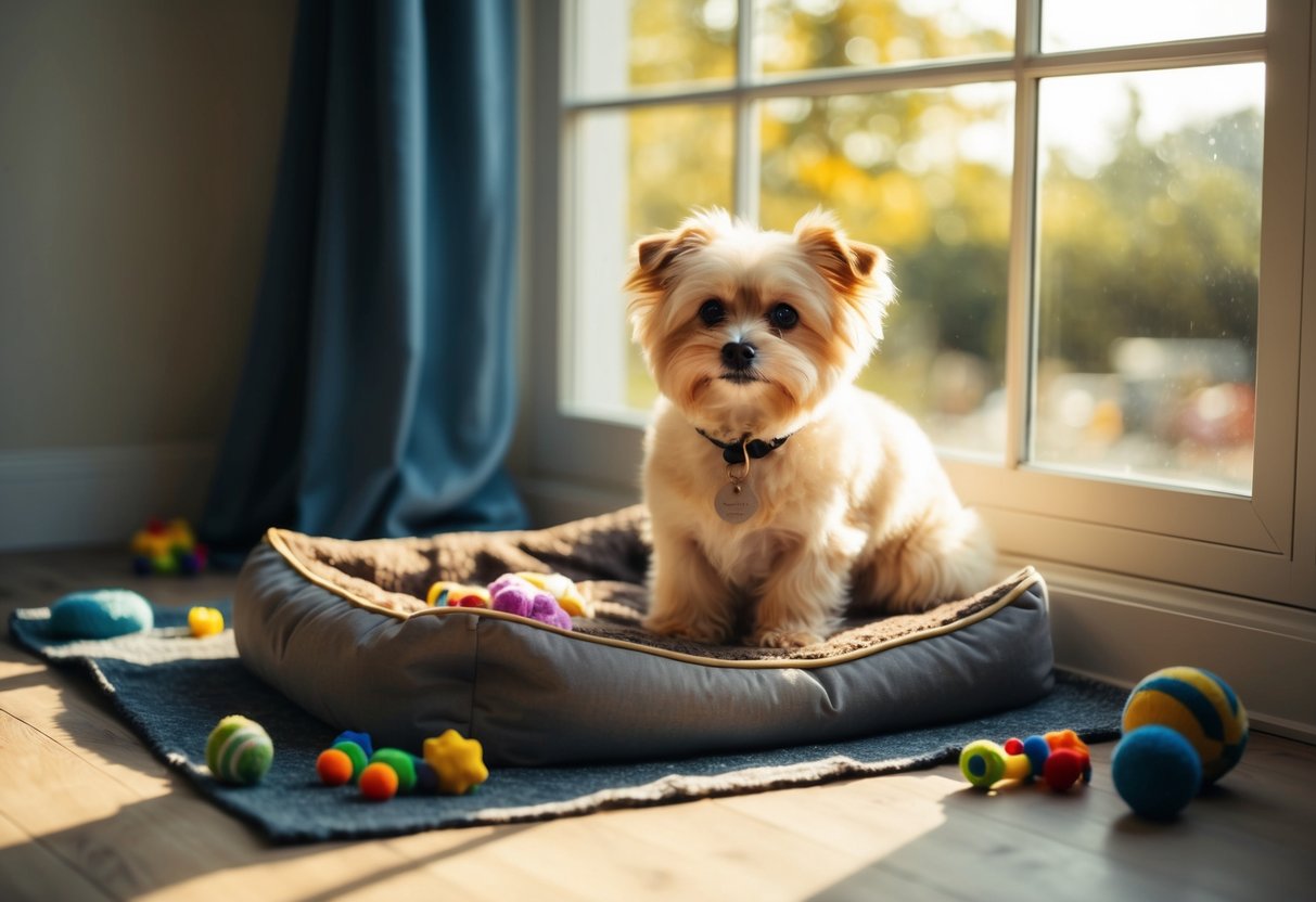 A small, fluffy dog sits on a worn blanket surrounded by scattered toys and a well-loved dog bed. Sunlight streams through a nearby window, casting a warm glow over the scene