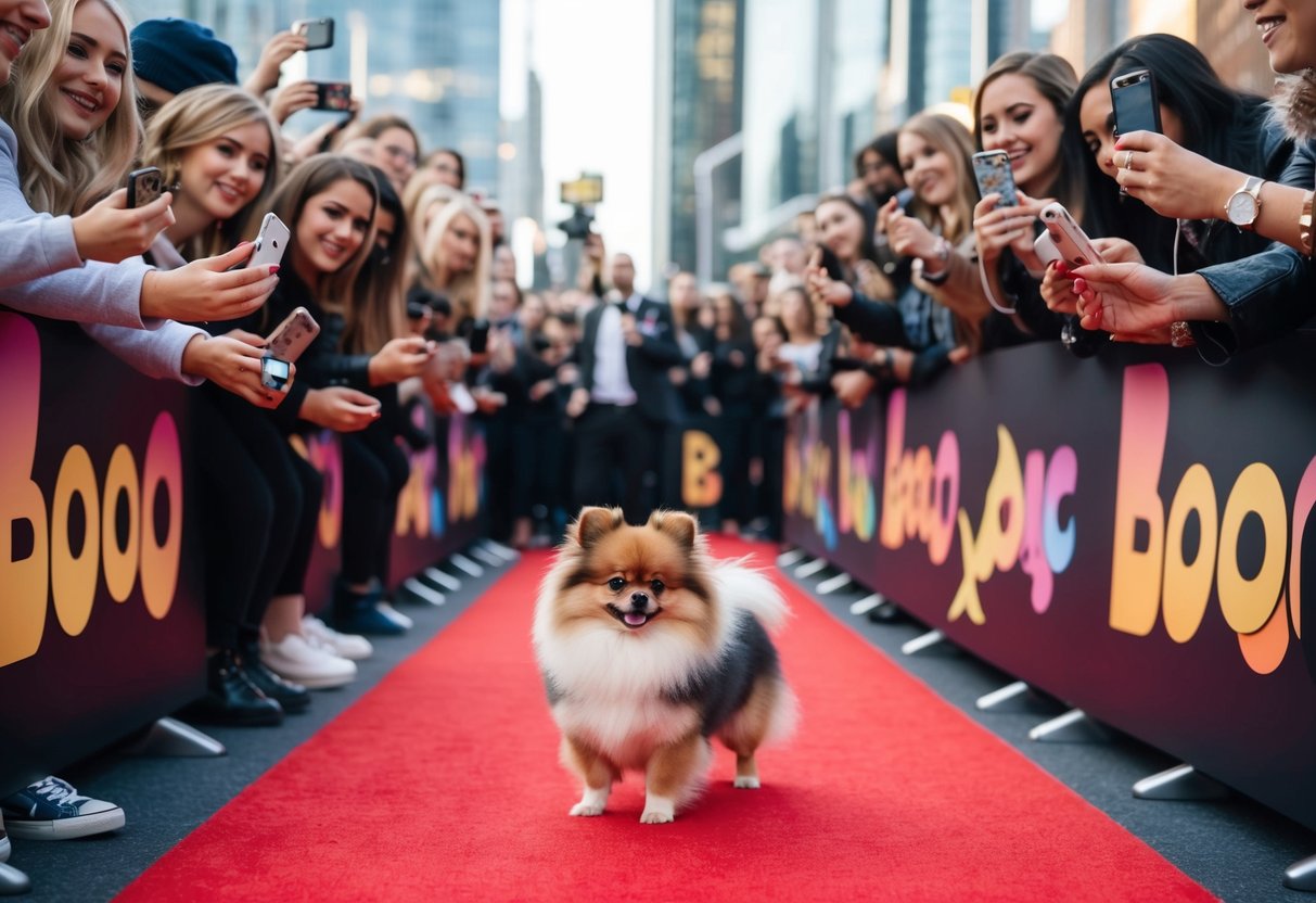 A small, fluffy Pomeranian dog, Boo, stands on a red carpet with a crowd of adoring fans surrounding him, snapping photos and clamoring for his attention