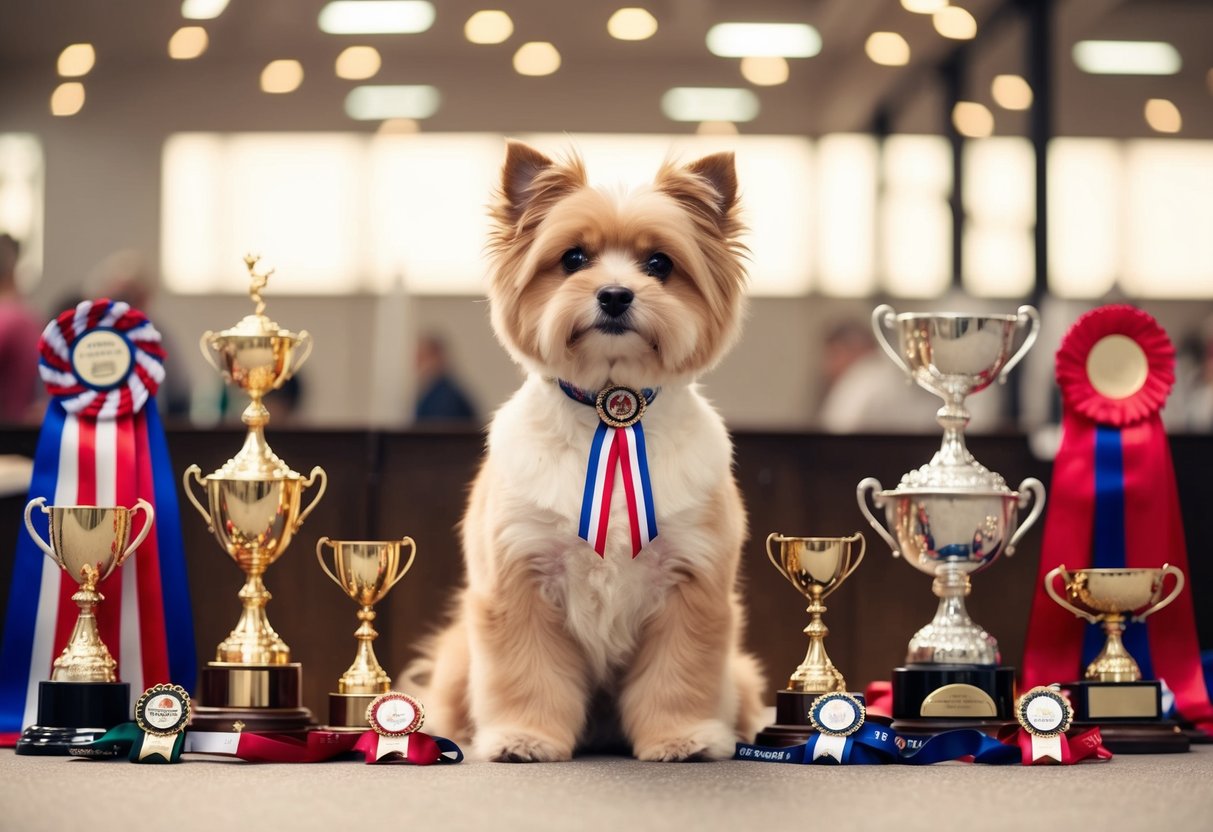 A small, fluffy dog sits proudly with a ribbon around its neck, surrounded by trophies and ribbons from various canine competitions