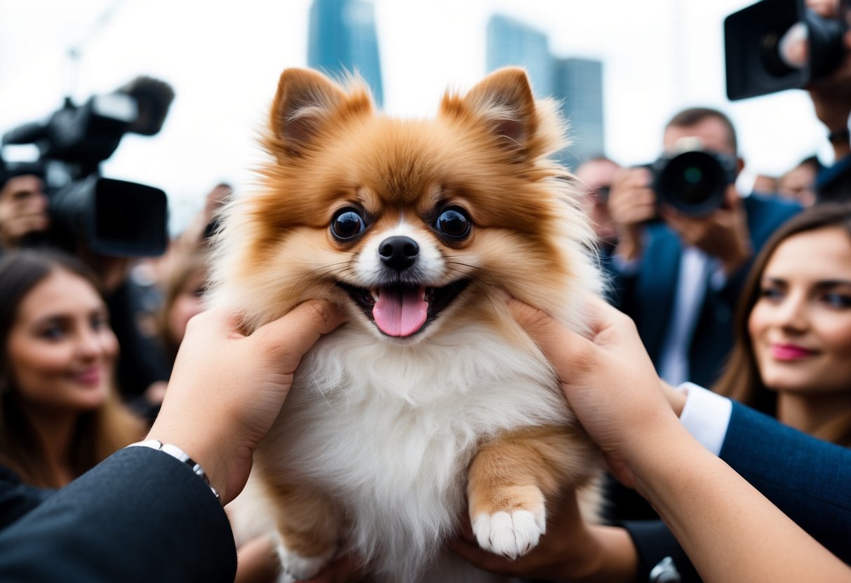 A small, fluffy Pomeranian dog with big, round eyes and a tiny pink tongue, surrounded by adoring fans and paparazzi
