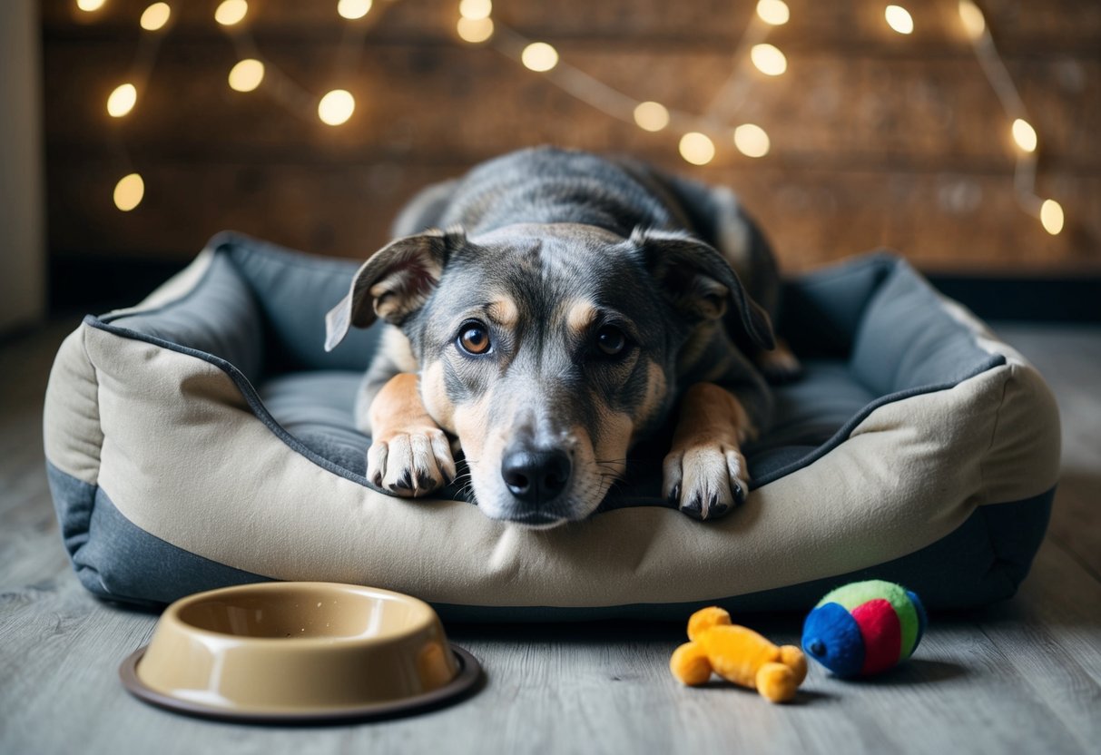 A dog with gray fur and cloudy eyes, lying on a worn-out dog bed surrounded by old toys and a food bowl
