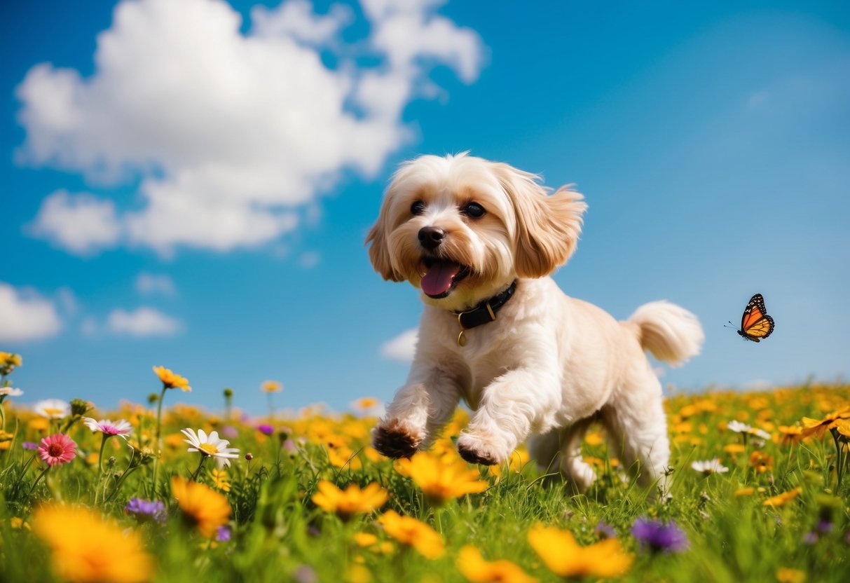 Boo, the world's cutest dog, frolics in a flower-filled meadow under a bright blue sky, with a colorful butterfly fluttering nearby