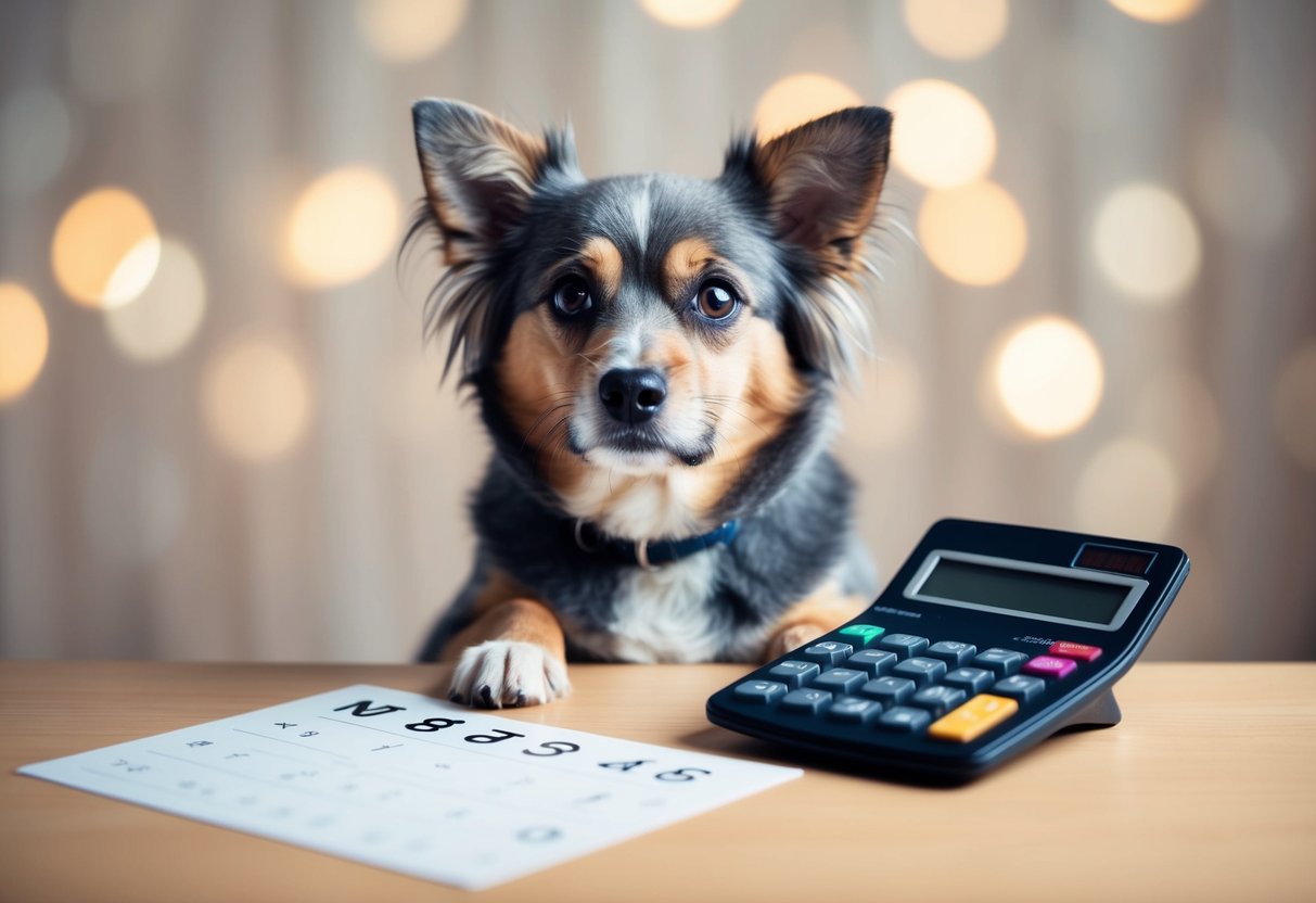 A dog with gray fur sits next to a calculator on a table, a puzzled expression on its face as it tries to figure out its age in human years