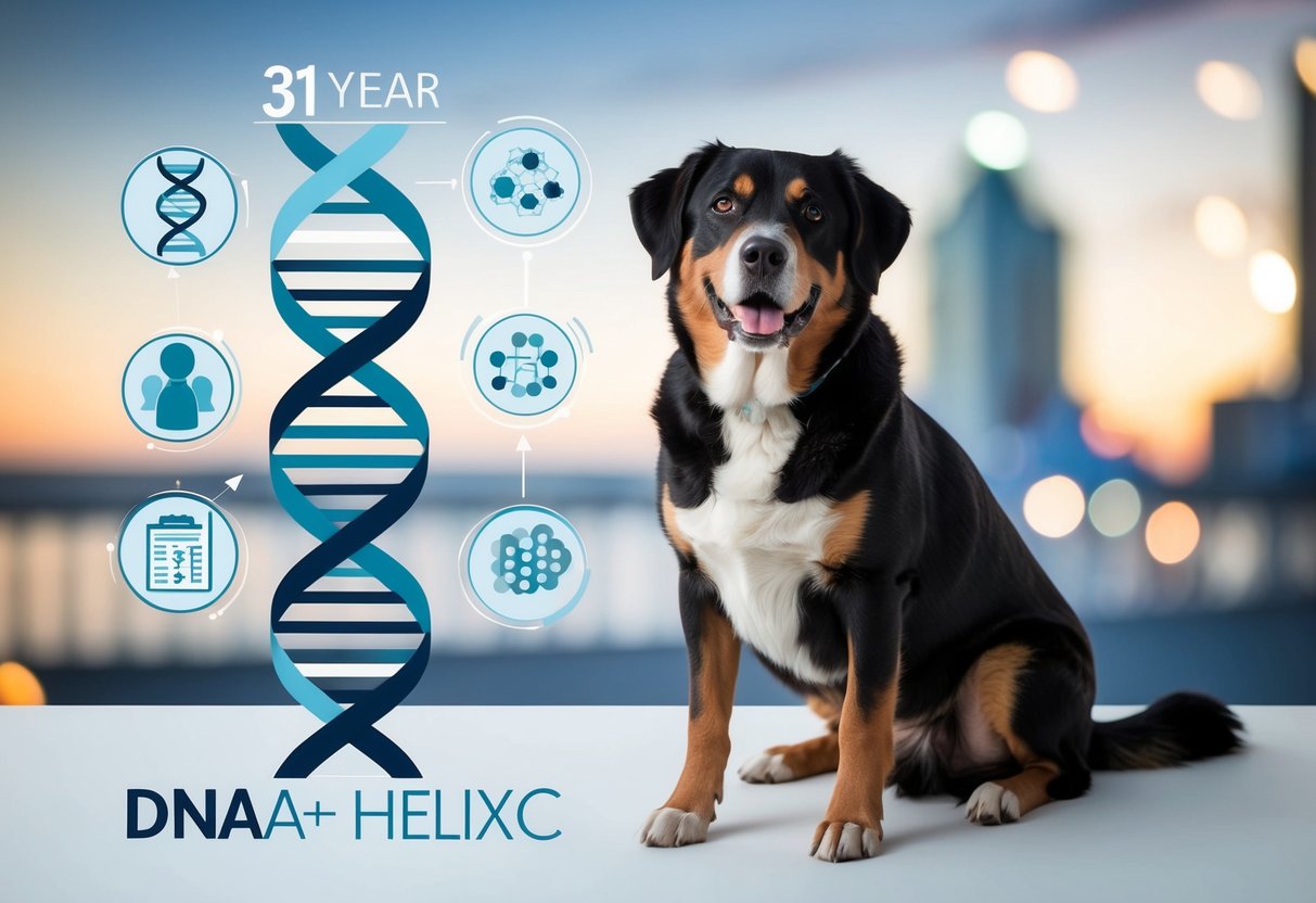 A 31-year-old dog sits beside a DNA helix and an epigenetic marker, surrounded by aging-related symbols and charts