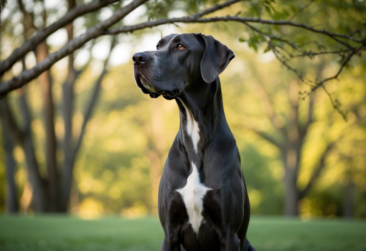 A Great Dane stands tall against a backdrop of trees, its head reaching above the branches