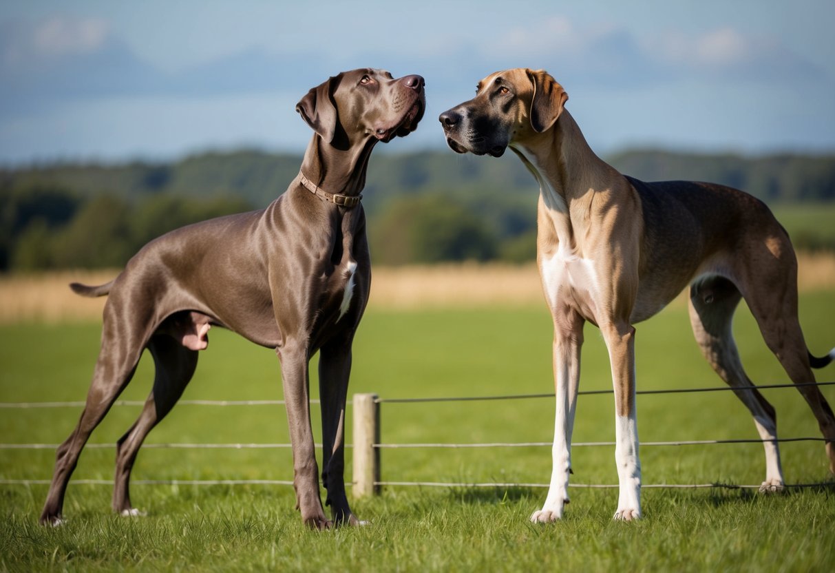 The Great Dane stands tall, head reaching above a fence, while a towering Irish Wolfhound gazes into the distance