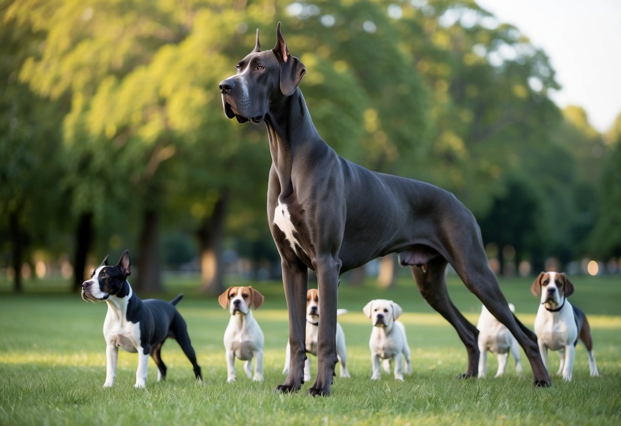 A Great Dane stands tall and regal, towering over a group of smaller dogs in a spacious, grassy park