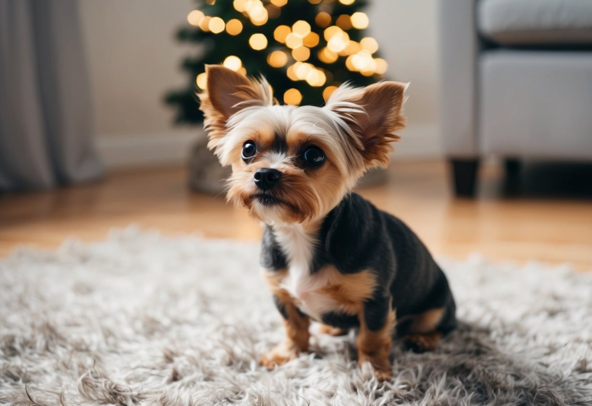 A small dog, weighing 10 pounds, sits on a plush rug, looking up with curious eyes