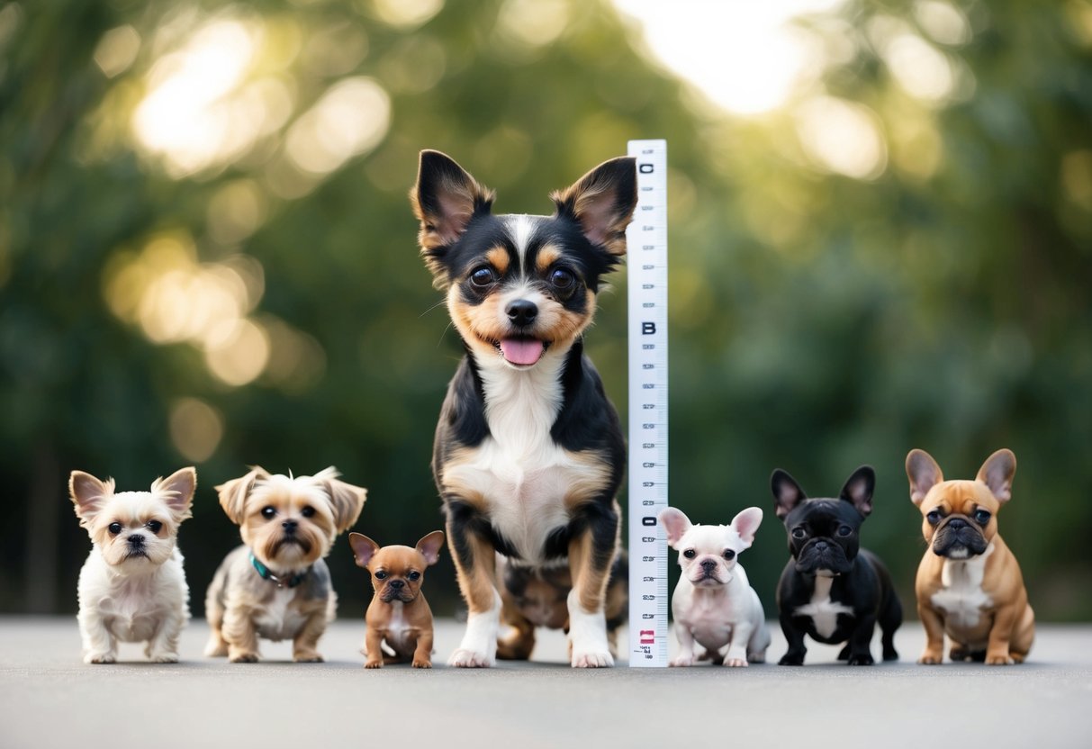 A small dog, weighing 10 pounds, stands next to a ruler to illustrate its size. Various small dog breeds surround it for comparison