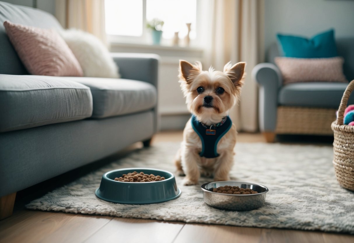 A small dog, weighing 10 pounds, sits beside a bowl of kibble and a water dish in a cozy living room with a plush bed and a basket of toys nearby