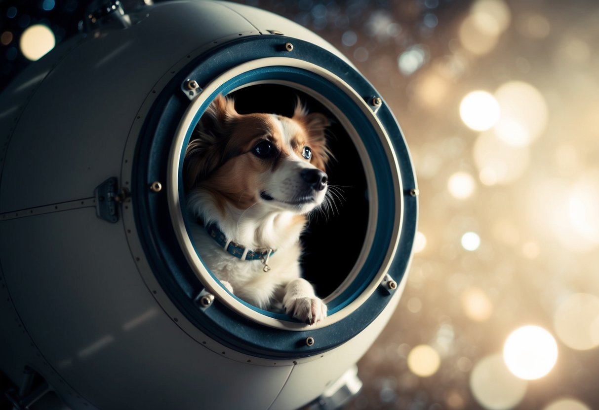 A small, round spacecraft hurtles through the cosmos, carrying a lone passenger. Laika, the brave dog, gazes out the porthole at the stars, her fur ruffling in the weightless environment