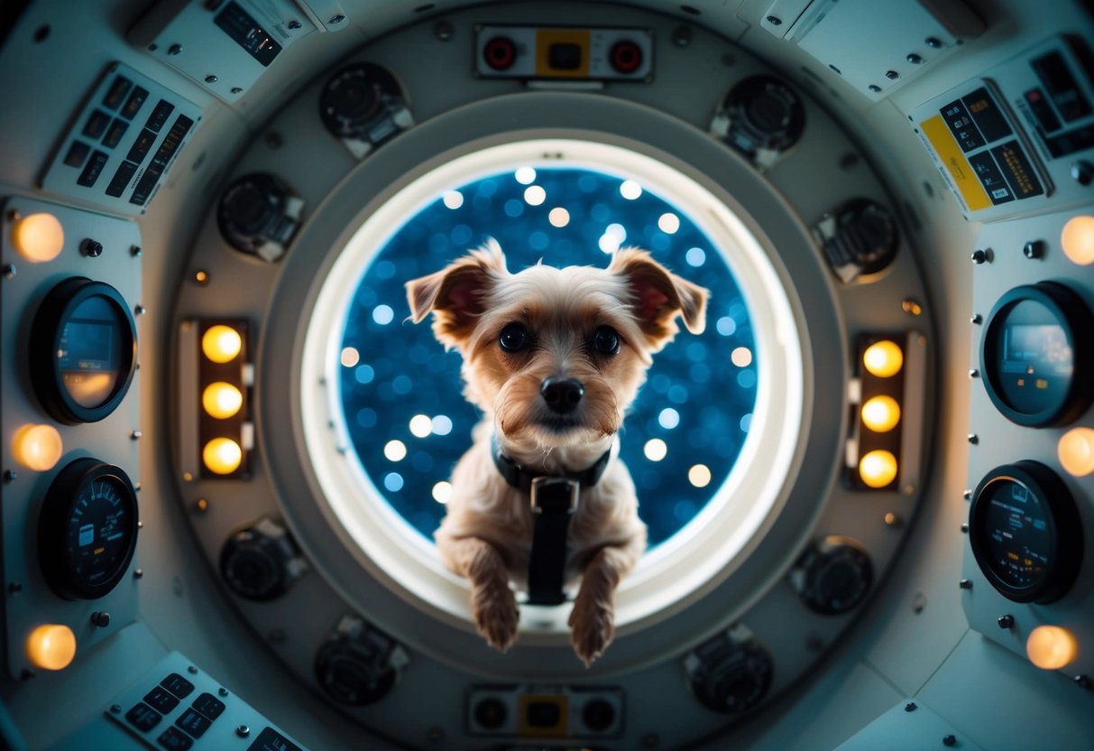 A small, wiry dog floats in a space capsule, surrounded by blinking lights and control panels. The dog's gaze is fixed on the stars beyond