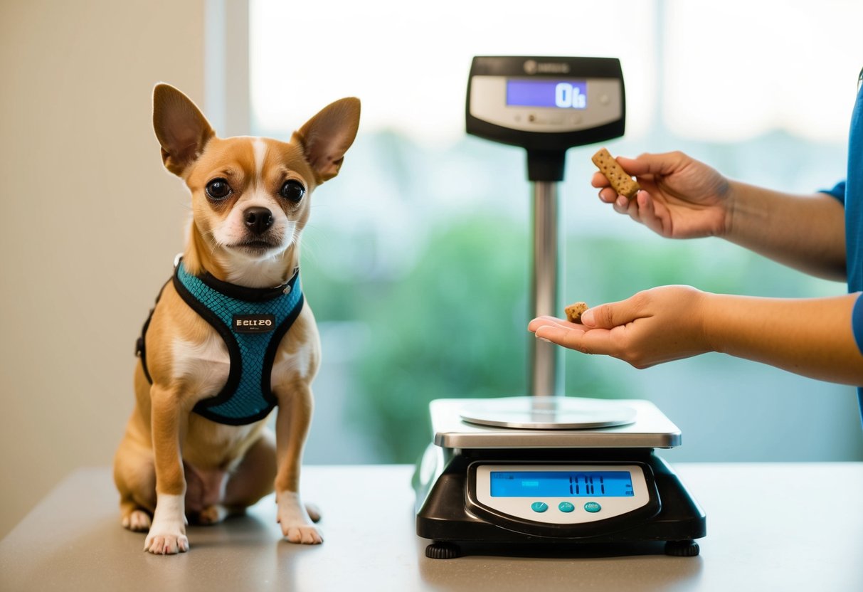 A small dog wearing a harness sits next to a scale with a weight of 10 pounds displayed. A person holds a treat, ready to reward the dog for its cooperation