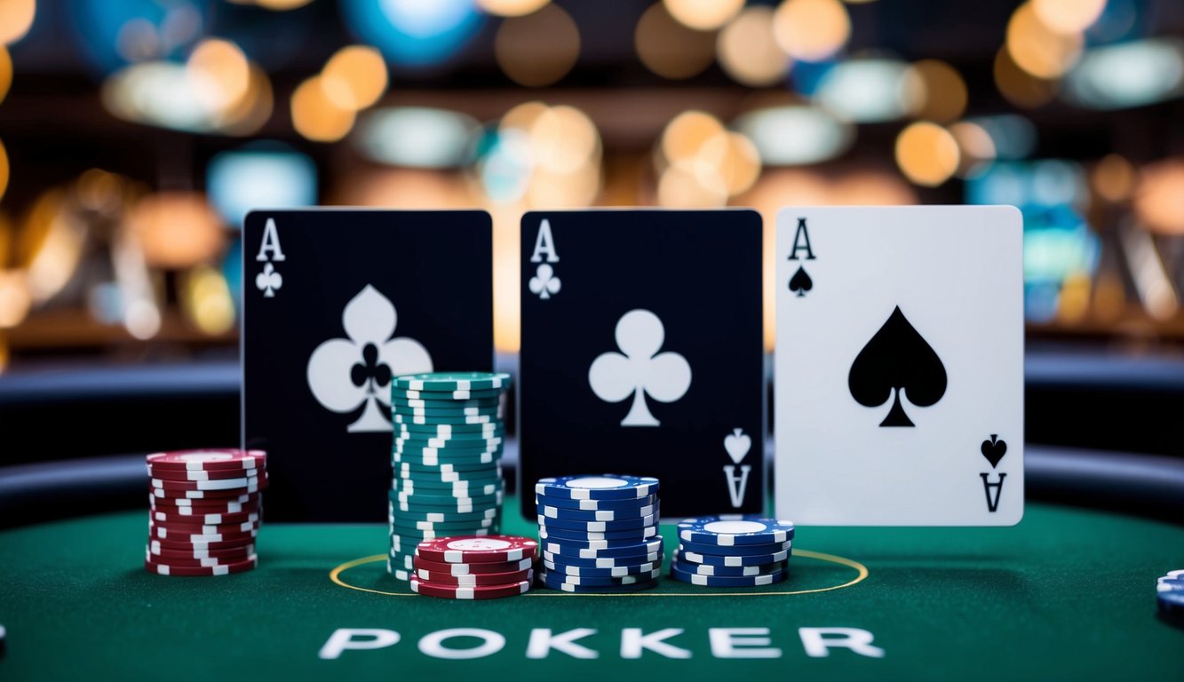 Sebuah meja poker virtual dengan chip dan kartu digital, dikelilingi oleh antarmuka kasino online yang bergaya dan modern.