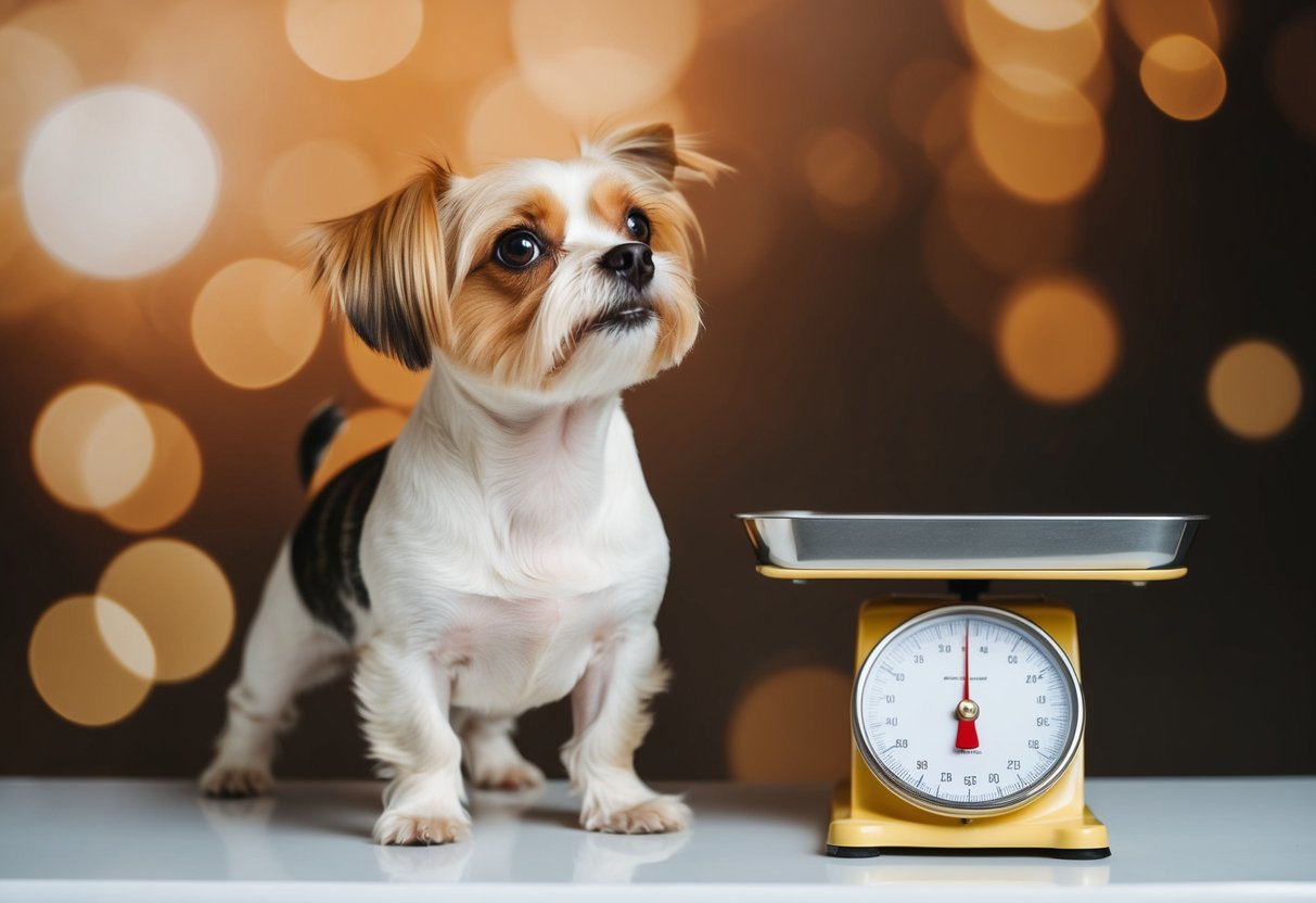 A small dog standing next to a scale, looking up at the number 10