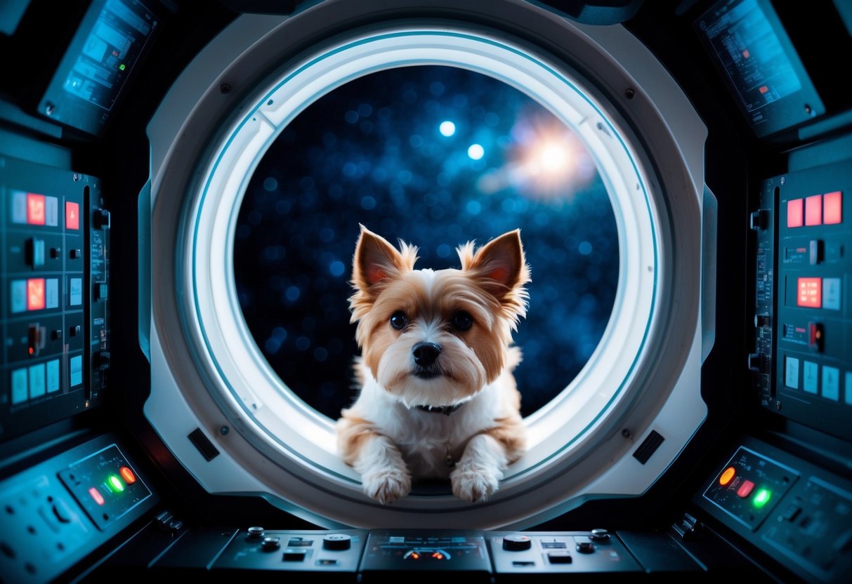 A small, round-faced dog with pointy ears floats in a spacecraft, surrounded by blinking control panels and a window showing the vastness of space