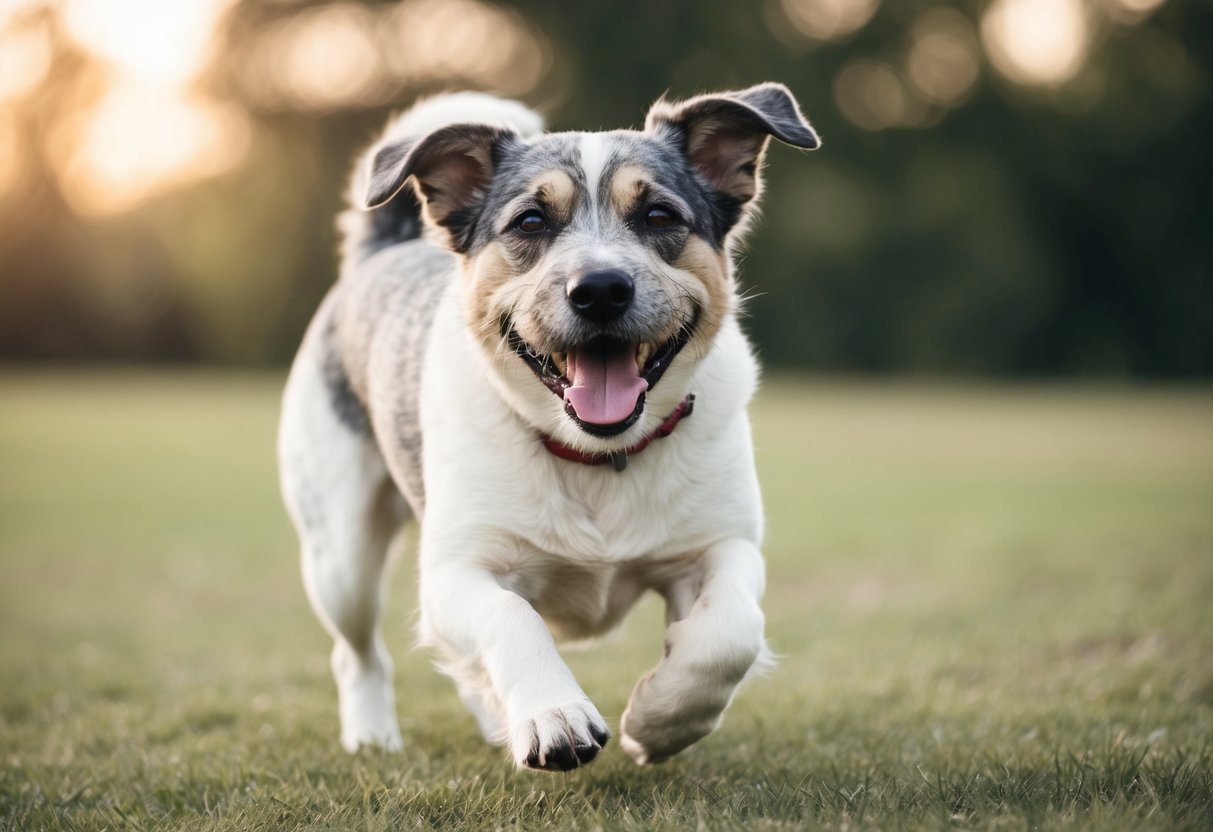A happy, playful dog with a graying muzzle and a slightly slower gait, but still full of energy and spirit