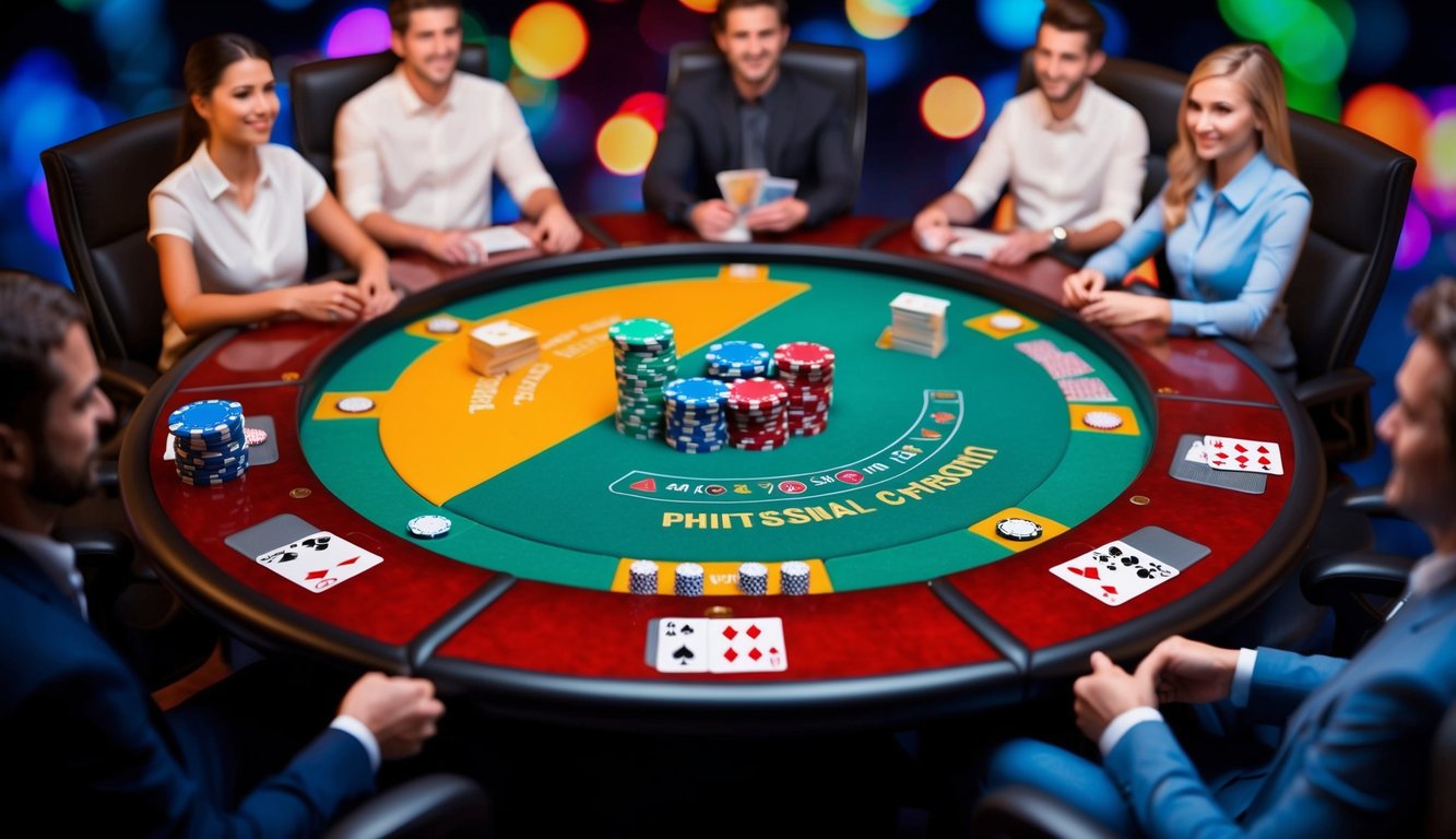 Sebuah meja poker digital berwarna-warni dengan chip dan kartu, dikelilingi oleh pemain virtual