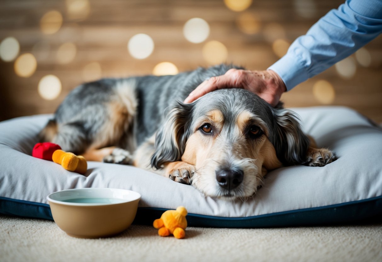 A senior dog with graying fur lies on a soft bed, surrounded by comforting toys and a bowl of water. A gentle hand strokes its head, providing comfort and care