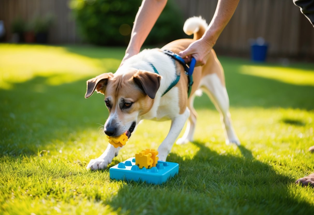 An older dog engaged in mental stimulation with a puzzle toy while being supervised during exercise in a sunny backyard