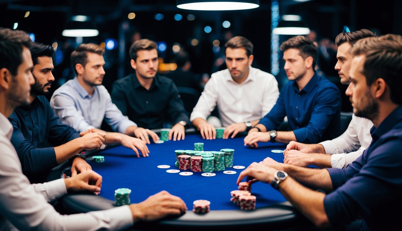 Sekelompok pemain poker berkumpul di sekitar meja, masing-masing dengan set kartu dan chip mereka sendiri, merencanakan langkah berikutnya dalam permainan online yang intens.