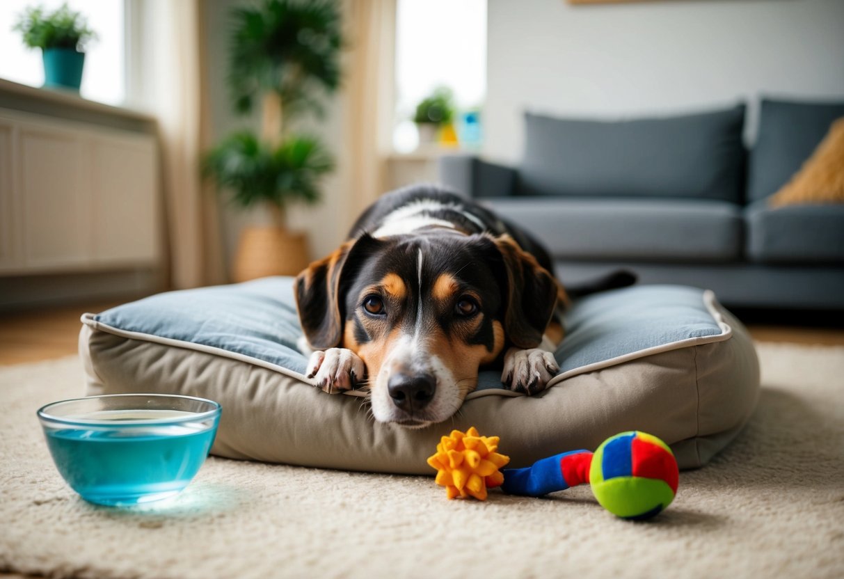 A contented 14-year-old dog resting on a plush bed, surrounded by favorite toys and a bowl of water