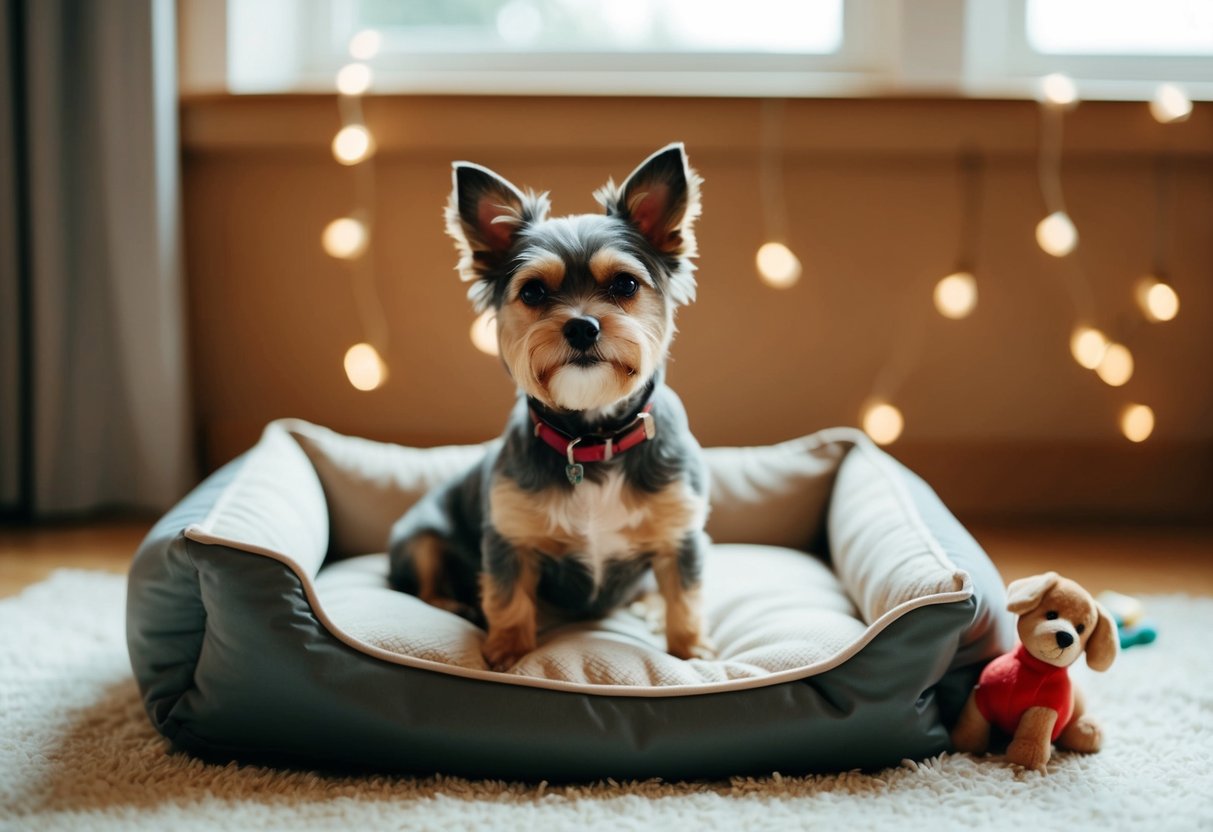 A small dog, around 10 years old, sitting comfortably in a cozy bed with a toy nearby
