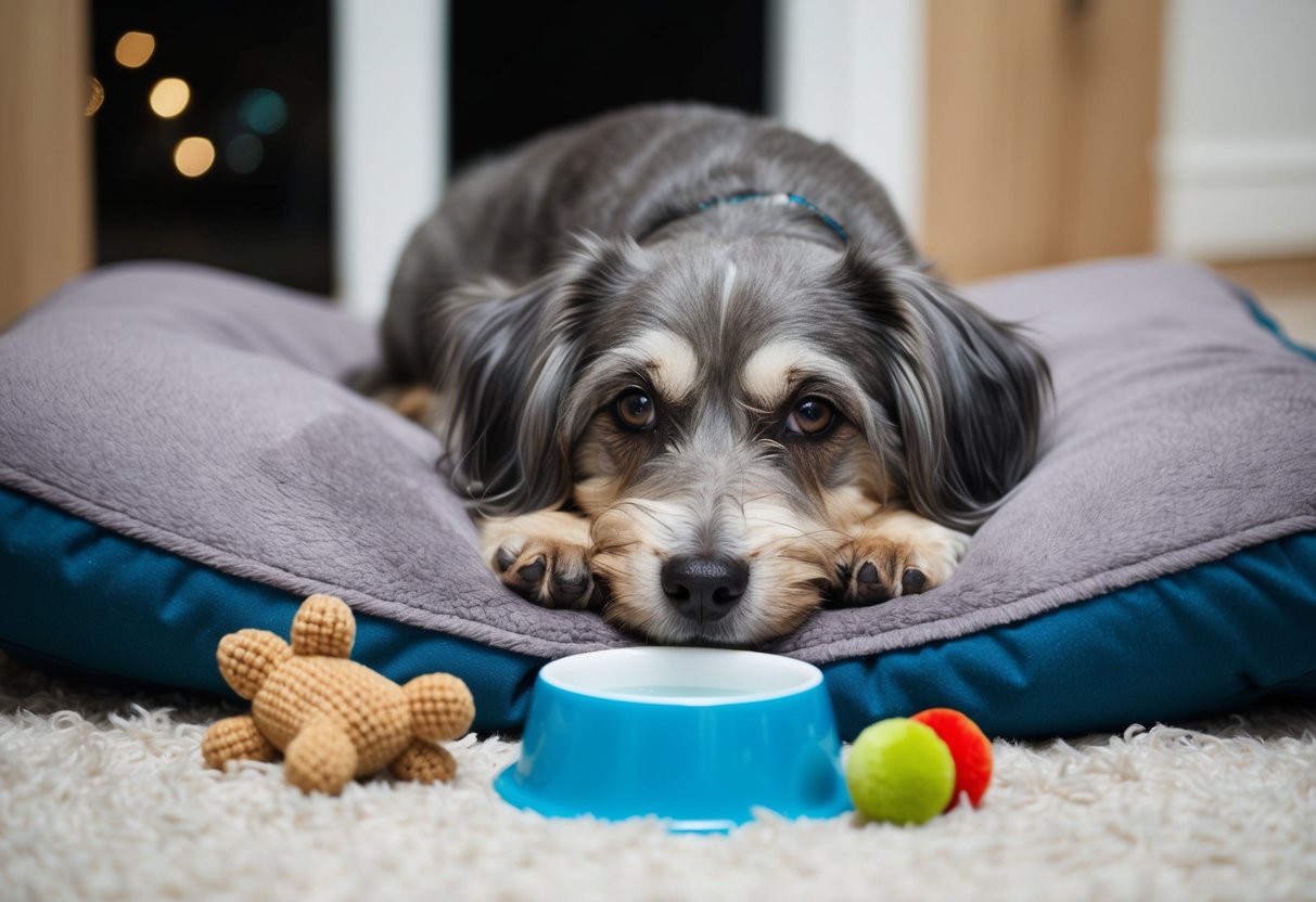 A gray-muzzled dog with cloudy eyes rests on a plush bed, surrounded by toys and a bowl of water