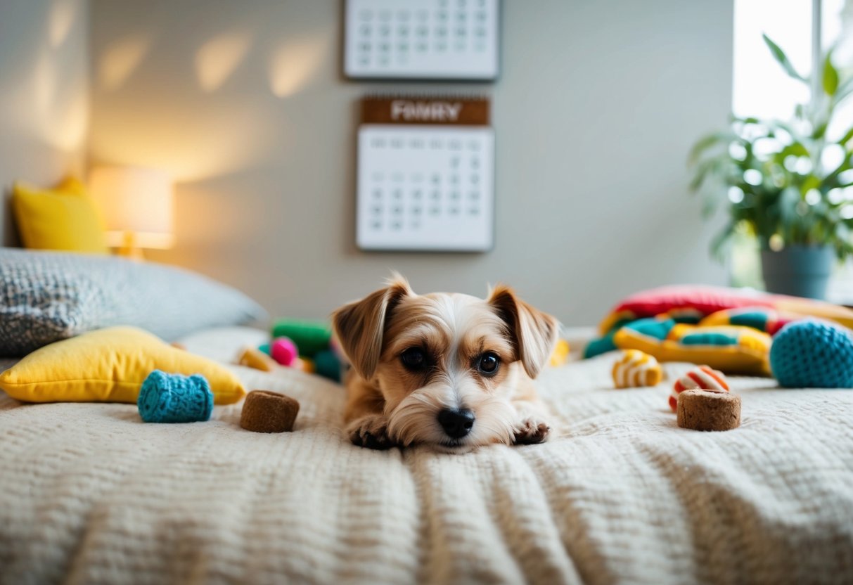 A small dog lying peacefully on a cozy bed, surrounded by toys and treats. A calendar on the wall shows the passing of time
