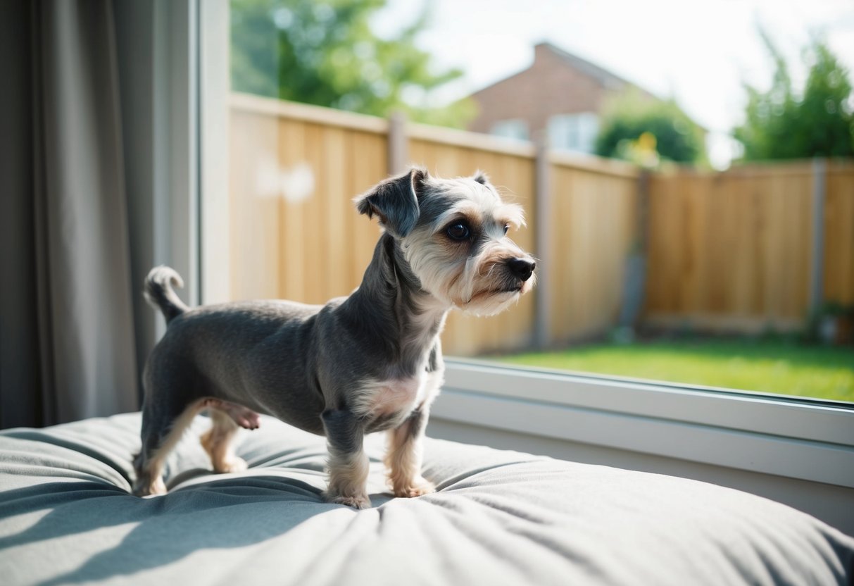 A small, gray-muzzled dog stands on a soft bed, looking out a window at a sunny backyard. A few gray hairs dot its fur, and its eyes are wise and calm