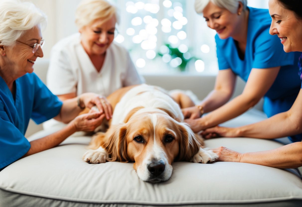 A senior dog lying on a soft bed, surrounded by loving caregivers and receiving gentle attention