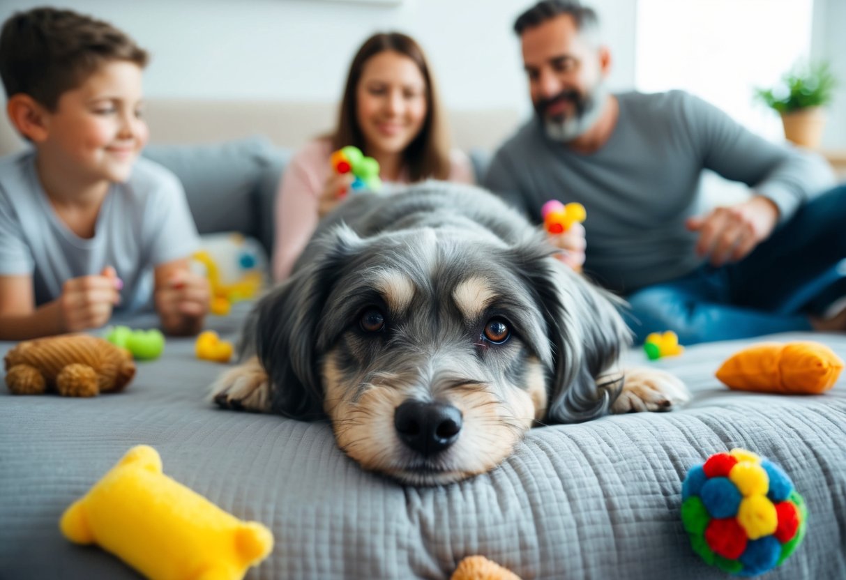 A gray-muzzled dog lying on a cozy bed, surrounded by toys and treats, with a loving family nearby