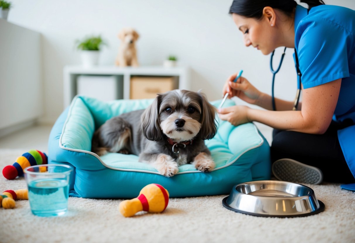 An older small dog with gray fur lies comfortably on a soft bed, surrounded by various toys and a water bowl. A veterinarian checks the dog's health and wellness
