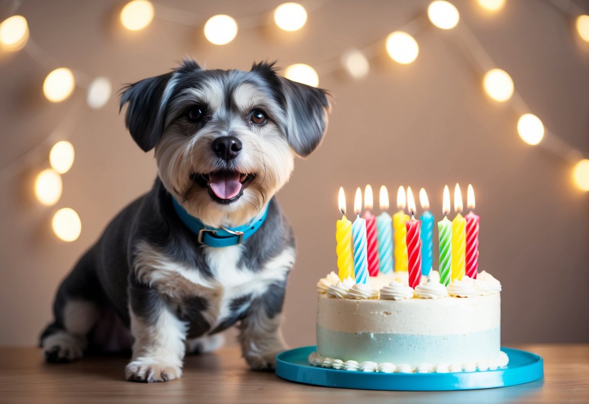 A happy, gray-muzzled dog sitting next to a birthday cake with 16 candles