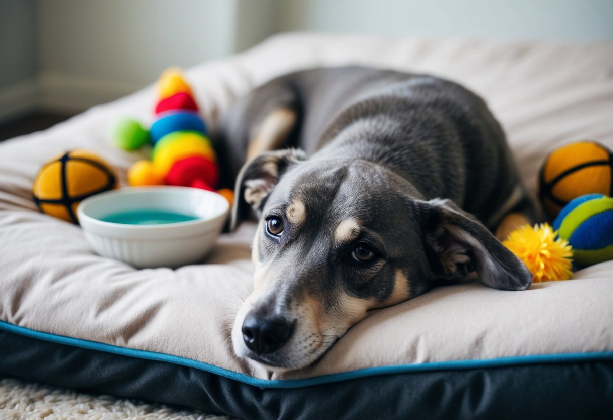 A dog with gray fur and a tired expression lies on a cozy bed, surrounded by toys and a bowl of water