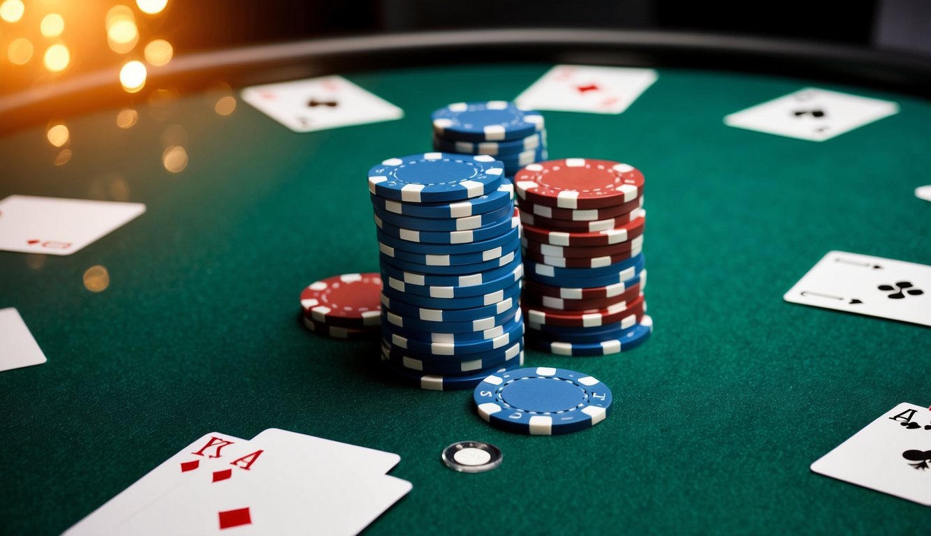 Sekelompok chip poker yang ditumpuk di atas meja felt hijau, dengan kartu permainan yang berserakan di sekelilingnya dan tombol dealer di tengah.